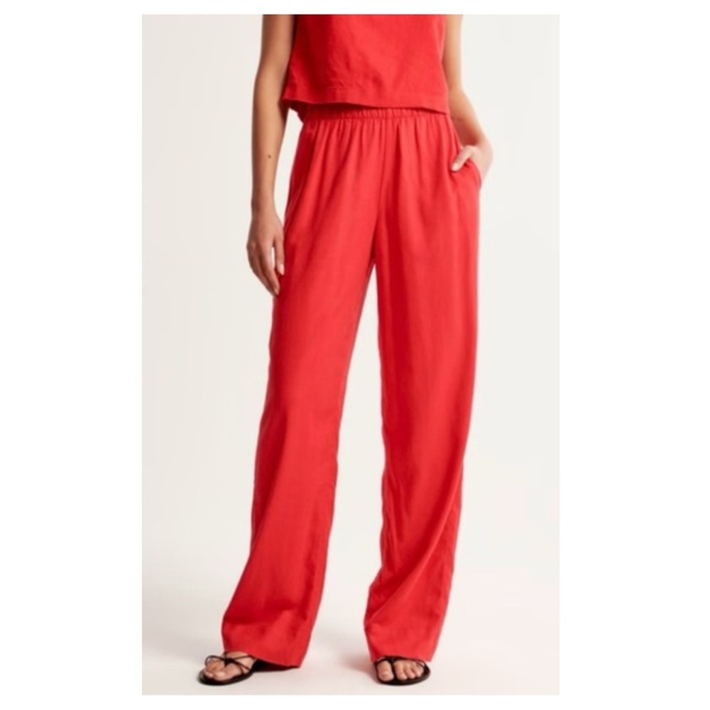 Abercrombie & Fitch Red Linen Blend Wide-Leg High Rise Pants, Small